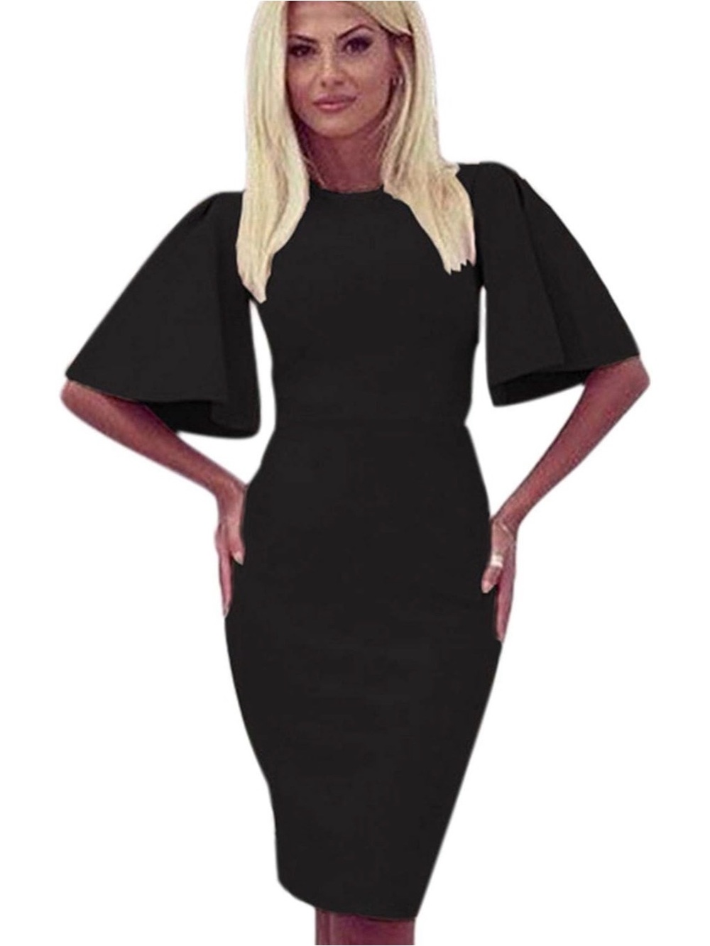 NWT Black Vintage Inspired Midi Dress Flutter Sleeve Sheath Dress size M
